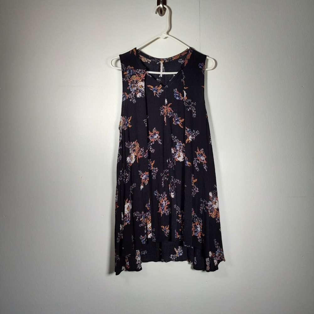 Free People Tree Black Floral Swing Dress V-neck Mini Sleeveless Pockets Boho Sm